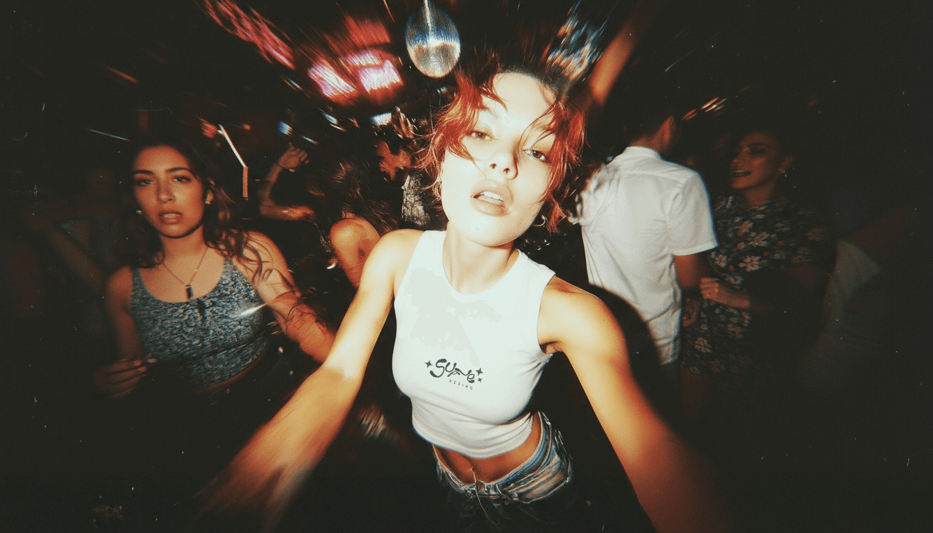 Person taking a selfie at a party with friends in a dark, crowded room.